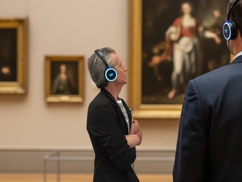 Two museum visitors wearing audio headphones gazing at portraits in a classical painting gallery